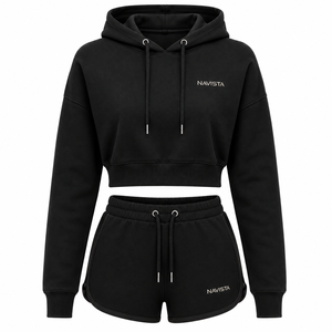 Navista <b>Women's</b> 2 Piece Streetwear Solid Zipper Hoodie Shorts Set <b>Black</b> <b>Crop</b> <b>Top</b> Drawstring Sweatshorts Casual Breathable Fleece - Product Image 4