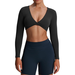 Women Criss Cross Neck Long Sleeve Yoga Top Solid <b>Color</b> Cut-Out Activewear Seamless Breathable Fitness <b>Shirt</b> - Product Image 1