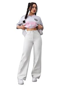 Women's Mid Waist Wide Leg <b>Boot</b> Cut Denim Pants Full Length Regular Fit Solid White 100% Cotton Sexy Cute Casual Summer Style - Product Image 6