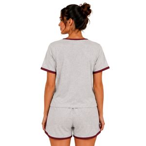 Light Gray And Burgundy Women Two Piece Shorts Set Round Neck Button <b>Top</b> Geometric Print Casual Summer Cotton Lounge Wear Outfit - Product Image 2