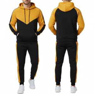 Conjunto Deportivo para Hombre en Oferta, Color Negro y Amarillo Mostaza con Bloques de Color Chevron, Sudadera con Capucha y Pantalones de Dos Piezas, Fabricante OEM - Product Image 4