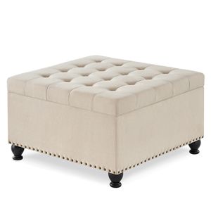 Grande Pouf Contenitore Quadrato Beige con Gambe in Legno, Tavolino da Caffè Trapuntato con Bottoni e Finiture a Chiodo per Soggiorno - Product Image 2