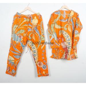 Conjunto de Pijama de Algodón con Estampado Floral Naranja para Mujer, Hecho a Mano, Manga Larga, Cuello en V, Cintura con Cordón Ajustable, Ropa de Dormir Informal de 2 Piezas - Product Image 5