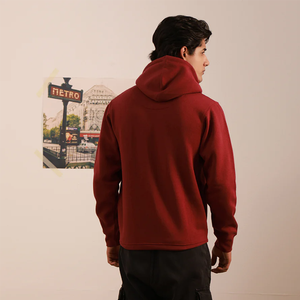 Custom Logo Heavyweight Cotton Fleece Full Zip-Up Hoodie <b>Men</b> Solid Maroon <b>Red</b> Casual Streetwear <b>Sweatshirt</b> - Product Image 3