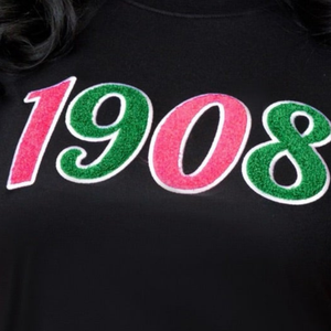 เสื้อยืดเชนิลสีดำ 1908 ปักตัวอักษรกรีกสีชมพูสีเขียว เสื้อยืดผ้าฝ้ายพรีเมียม สตรีทแวร์ลำลอง เสื้อผ้าสำหรับชมรม - Product Image 5