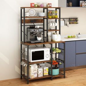 Scaffale per Forno a Microonde a 4 Livelli in Truciolato Marrone Retrò 96,8*40*170cm con 10 Ganci e 6 Barre - Product Image 2