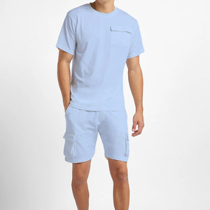 Custom Unisex Casual Summer <b>Twin</b> <b>Set</b> Wholesale Custom Printed Short Sleeve T-Shirt Woven Shorts Men's Solid Pattern 100% Cotton - Product Image 1