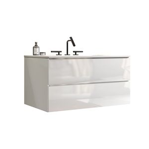 Mobile bagno sospeso TIA 36 pollici bianco lucido con ampio spazio contenitivo, lavabo in ceramica e tre fori per rubinetteria, ideale per spazi ridotti - Product Image 3