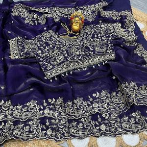 Indian Ethnic Beautiful and Elegant <b>Saree</b> with Embroidery Work for Partywear and Wedding Occasion for Women Fancy Trendy Outfit - Product Image 1