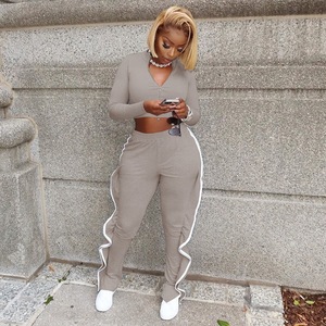 Conjunto de Dos Piezas Color Caqui para Mujer, Top de Manga Larga con Cuello en V y Pantalones con Rayas Laterales, Estilo Casual para Primavera/Verano, Corte Regular - Product Image 5
