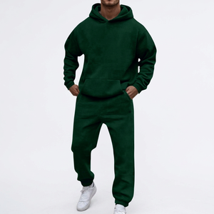 Ensemble de survêtement pour homme vert foncé à capuche, coupe ample, couleur unie, en coton, sweat-shirt et pantalon décontractés avec poches latérales - Product Image 4