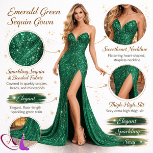 Vestido de Noche con Bordado de Lentejuelas Verde Esmeralda |   Vestido de Fiesta Hecho a Mano con Escote Corazón y Abertura Alta, Largo hasta el Suelo, para Bodas y Eventos de Gala - Product Image 5