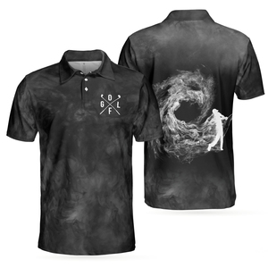 Men's <b>Black</b> Golf <b>Polo</b> Shirt Short Sleeve Sublimation Print Quick Dry Casual Sport <b>Top</b> with Smoke Design and Golfer Silhouette - Product Image 1