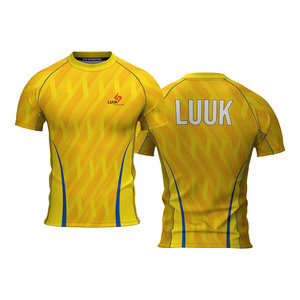 Personalized Men's Yellow <b>Geometric</b> Print Short Sleeve Crew Neck Sports <b>Shirt</b> with Contrast Binding and Sublimation Logo <b>Shirt</b> - Product Image 1