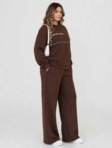 Ensemble de survêtement pour femme ONETEN APPARELS, col rond, marron, manches longues, coupe ample, décontracté, automne, 2 pièces - Product Image 3