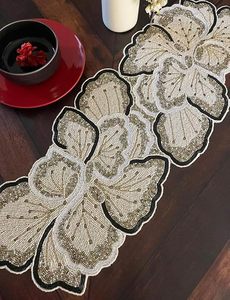 Embroidered Floral Table Runner Beige Brown Pattern Luxury Home Decor Washable Polyester - Product Image 2