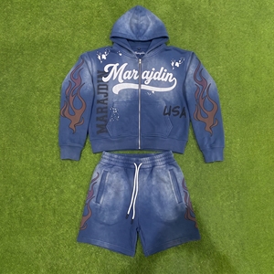 Custom <b>Flame</b> Print Acid Wash Men Zip Up Hoodie Shorts Set Heavyweight French Terry Distressed Vintage Tracksuit Gym Jogger Suit - Product Image 2