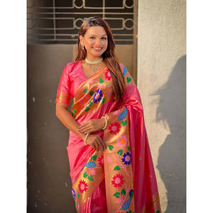 Sari Rosa Bebé Tejido con Zari y Borde Grande de Seda Paithani para Ropa India y Pakistaní - Product Image 5