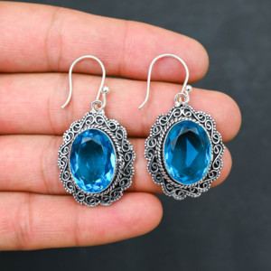 Boucles d'oreilles personnalisées en argent sterling 925 avec topaze bleue créée en laboratoire, 1,9 pouce, bijoux en pierres précieuses faits à la main, boucles d'oreilles fines antiques, cadeau pour femme - Product Image 2