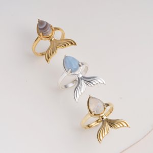 Moku Jewellery Brass <b>Ring</b> Rainbow Moonstone Pear Shape Prong Set Gemstone Fixed Size Mermaid Tail Glam <b>Statement</b> Handmade Women - Product Image 4