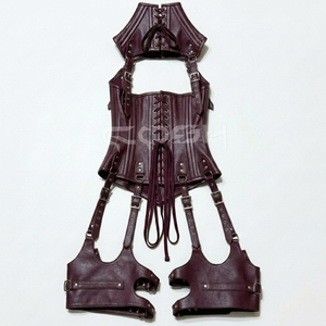 Underbust Steelboned Fashion And Party Wear Burgundy Leather <b>Corset</b> With Neck And Thigh Harness - Product Image 2