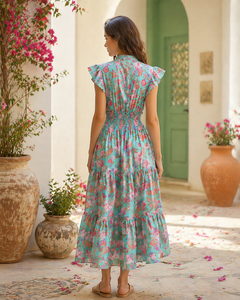 ชุดเดรสผ้าฝ้ายลายดอกไม้สำหรับผู้หญิง ทรงพลิ้วไหว ยาวถึงข้อเท้า ช่วงเอวสม็อค กระโปรงทรงยาว มีกระเป๋าข้าง พิมพ์ลายด้วยมือ ผลงานชิ้นเอก ใส่สบายในฤดูร้อน - Product Image 4