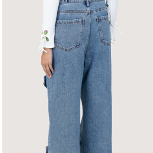 Pantalon cargo en jean délavé taille haute coupe ample pour femme, style décontracté, longueur intégrale avec plusieurs poches et braguette boutonnée - Product Image 5