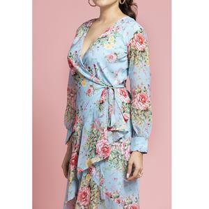 Vestido Midi Cruzado de Georgette Azul Cielo Estilo Vintage para Mujer, Manga Corta, Holgado y Cómodo, Precio al por Mayor - Product Image 5