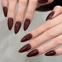 Middelgrote Amandel Donkere Wijn Effen Kleur Glanzend Acryl Voorontworpen Vingernagels Ontwerp Crush