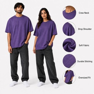 Camiseta Oversize de Algodón Morado con Cuello Redondo y Manga Corta para Hombre y Mujer, Estilo Casual, Color Sólido, Tejido de Punto Jersey, Corte Regular, Unisex, Top Streetwear - Product Image 4