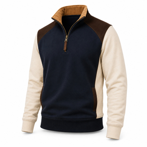 Custom Men's <b>Navy</b> Blue Quarter Zip Fleece <b>Sweatshirt</b> Beige Raglan Sleeves Stand Collar Casual Winter Pullover - Product Image 5