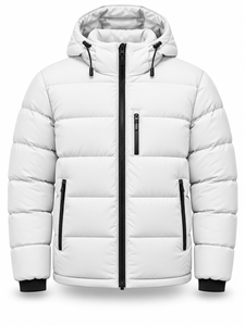 Men's White Hooded Puffer <b>Jacket</b> Winter Warm Waterproof Quick Dry Windproof <b>Casual</b> Zipper Front Polyester Wadding Custom Logo - Product Image 1