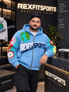 REXFITSPORTS 2026 <b>Men</b>’s Sky Blue Zip Up Streetwear Hoodie Custom Graphic Embroidery <b>Fleece</b> <b>Jacket</b> with Earth Patch Sleeve Design - Product Image 2