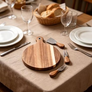 Wooden Cheese <b>Board</b> Set Round Cutting <b>Board</b> with Handle and Serving <b>Tools</b> for Fruit Pizza Kitchen Use - Product Image 3