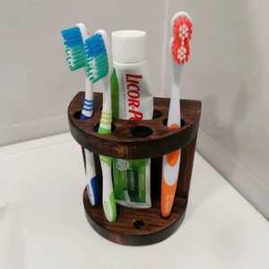 Porte-brosse à dents cylindrique métallique avec organisateur de brosses à dents en bambou, accessoires de salle de bain modernes, rangement écologique - Product Image 2