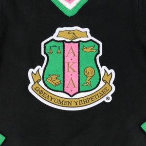 <b>Black</b> AKA V Neck Sweater With Pink Green Trim Embroidered Crest Pullover Knit <b>Top</b> Stylish Casual Apparel For Women - Product Image 2