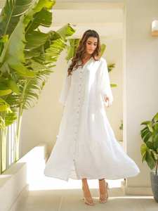 Vestido Maxi de Algodón Blanco Estilo Boho para Mujer, con Botones, Cuello en V, Manga Larga, Informal, para Playa o Verano - Product Image 5