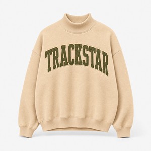 Sweat-shirt à col montant Trackstar beige sable avec lettres universitaires texturées olive, contour superposé et bordure unie, manches longues - Product Image 1