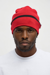 <b>Red</b> Beanie Hat With Black Stripe Flat Knitted Unisex Adult Casual Winter Cap Wear - Product Image 3
