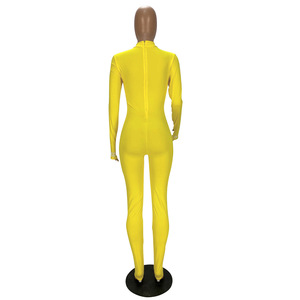 Mono amarillo de manga larga con cuello alto para mujer, cintura alta, ajuste ceñido, estampado de poliéster y elastano, ropa de club, largo completo - Product Image 3
