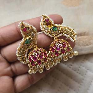 Peacock Kemp Jhumka Drop Earrings-Gold Plated Alloy with Diamond and Pearl for Party and Gift - Product Image 1