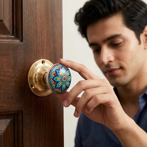 <b>Ceramic</b> Door <b>Knob</b> Modern Design Blue Yellow Red Flower Pattern Durable Finish Adjustable Cabinet Furniture Wardrobe Kitchen - Product Image 2
