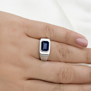 925 Sterling <b>Silver</b> Rectangular Cut Blue Sapphire Bezel Setting <b>Ring</b> for <b>Men</b> Classic Style Unisex Wedding Party Everyday Wear - Product Image 5