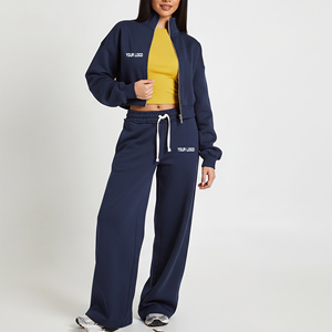 2026 New Arrived Casual Wear Two Piece Crop Top Zipper Hoodie & Baggy Joggers Set Fashionable Breathable Solid Color Sweat suits - Product Image 1