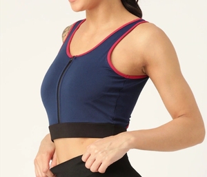 Sujetador deportivo azul marino para mujer con ribete rojo y cierre de cremallera frontal para yoga, fitness, entrenamiento, ropa deportiva - Product Image 3