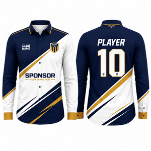 Camisa de Vestir Deportiva para Hombre con Estampado Geométrico, Manga Larga, Cuello Clásico, Sublimación, Poliéster Popelina, Azul, Blanco y Dorado - Product Image 1