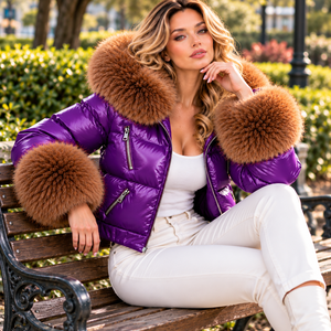 Manteau matelassé respirant en satin pour femmes avec bordure en fourrure moelleuse, veste en cuir style motard chaude pour l'hiver - Product Image 6