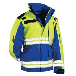 Veste de sécurité jaune et bleue à manches longues avec col et bandes réfléchissantes pour une visibilité et une sécurité accrues - Product Image 1