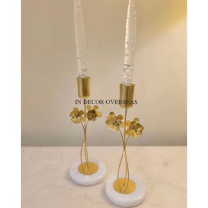 High Grade Gold Plated Elegant Look Floral Candlestick Holder With White <b>Marble</b> Base For Home And Hotel Decoration From India - Product Image 1