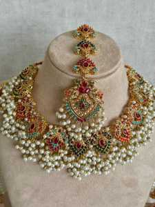 Multicolour Brass <b>Pearl</b> Necklace and Earrings <b>Set</b> with Sahare Jhumkis Tikka Gold Plated Ethnic Jewelry for Women's Gift Fashion - Product Image 4